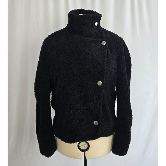 INC International Concepts Sherpa Jacket Women's L Black Wrap Button Crop NWT - Picture 1 of 14